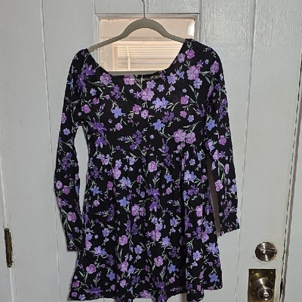 NWT‎ (Childrens) PLACE Girl's Dress Skater Black W/Purple Floral Sz XL/14